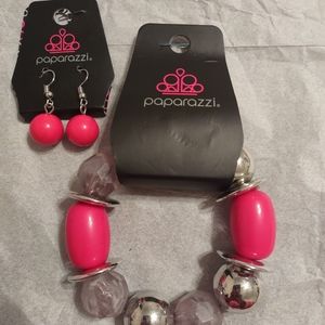 Pink and Silver Paparazzi Bracelet, Earring Set